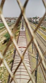 Railroad track seen through chainlink fence