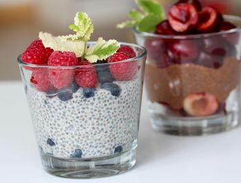 Close-up of fresh chia pudding on table