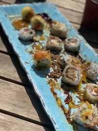 High angle view of sushi in plate on table