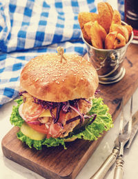 Close-up of burger on table