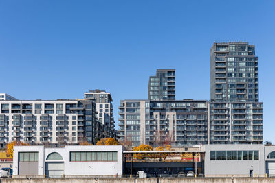 Buildings against clear blue sky