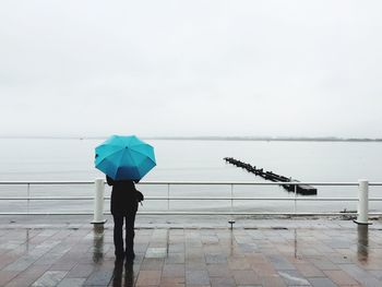 Rear view of man with umbrella standing by sea against sky