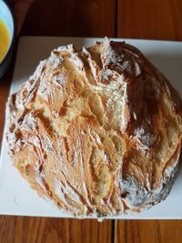 High angle view of bread in plate on table