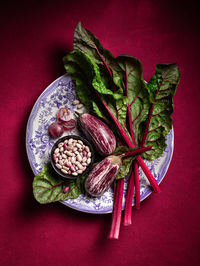 Top view heap of raw chard with purple eggplants served on plate with beans on red background in light studio