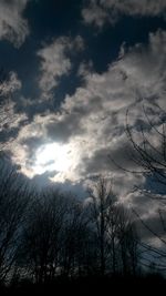 Low angle view of bare trees against cloudy sky