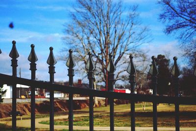 Fence and bare trees against sky