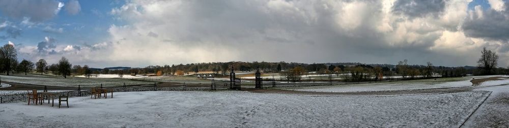 Panoramic view of snow covered landscape against sky