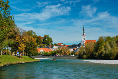Bad tolz - picturesque resort town in bavaria, germany in autumn and isar river