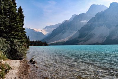 Scenic view of lake and mountains against sky