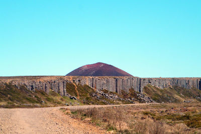 Scenic view of desert against clear blue sky