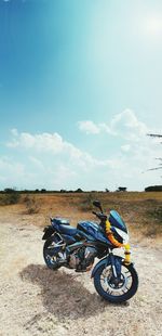 Rear view of man riding motor scooter on road against sky