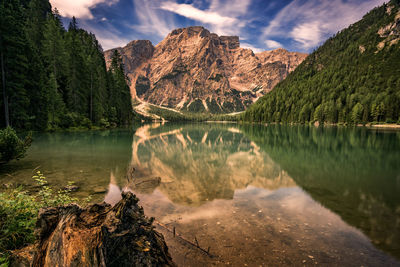 Scenic view of lake and mountains against sky