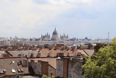 High angle view of buildings in budapest to the paliament building 