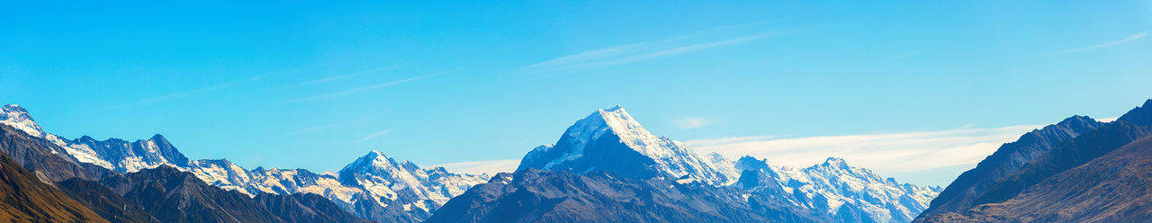 Panoramic view of snowcapped mountains against blue sky