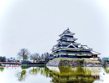 Traditional building by lake against sky