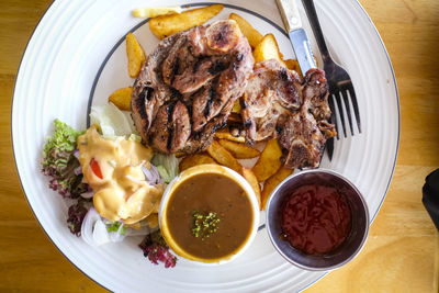 High angle view of meal served on table