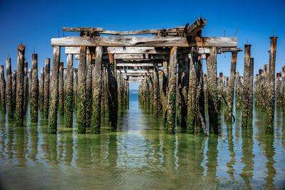 Wooden posts in lake against clear blue sky