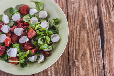 High angle view of salad in plate on table