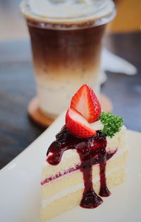 Close-up of strawberry cake on table