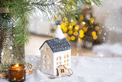 Close-up of christmas decoration on snow