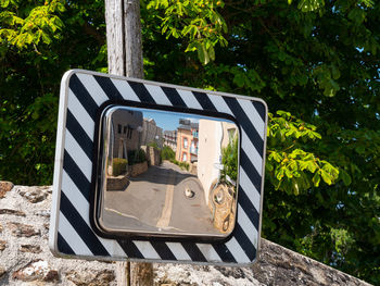 Reflection of built structure and trees in mirror