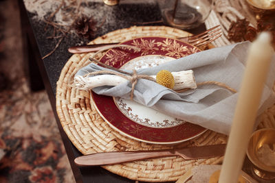 High angle view of bread in basket on table