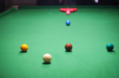 Close-up of balls on pool table