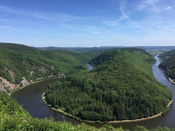 Scenic view of river amidst green landscape against sky