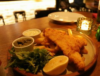 Close-up of food in plate on table