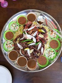 High angle view of meal served on table