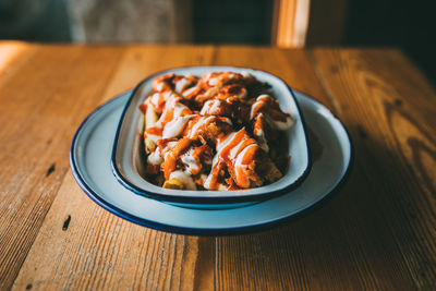 High angle view of food in plate on table