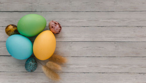 High angle view of eggs on table