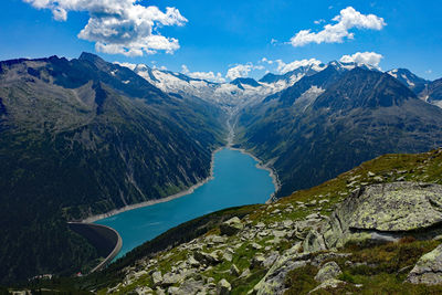 Scenic view of lake and mountains against sky