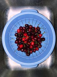 High angle view of cherries in bowl