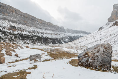 Scenic view of snow covered mountains against sky