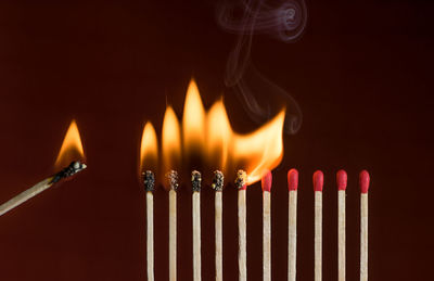 Close-up of lit candles against black background