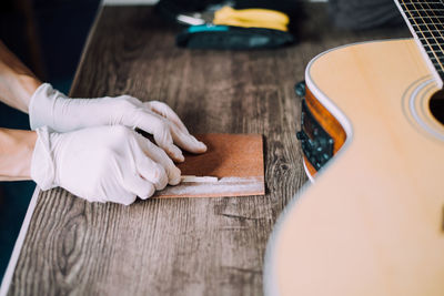 High angle view of woman working on table