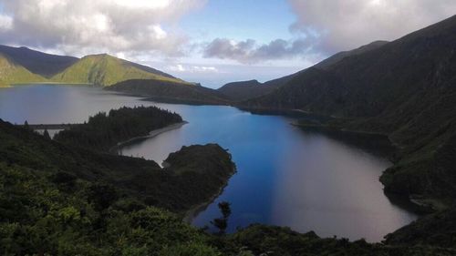 Scenic view of lake against cloudy sky