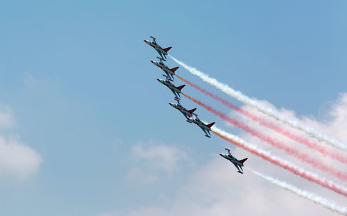 Low angle view of birds flying in sky