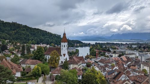 High angle view of townscape against sky