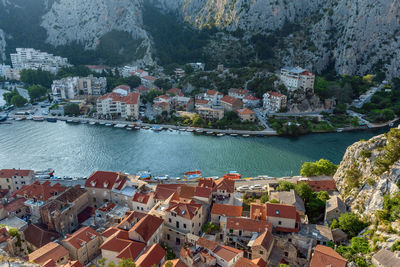 High angle view of cetina river flowing through beautiful town of omiš in croatia