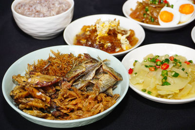 High angle view of food in plate on table