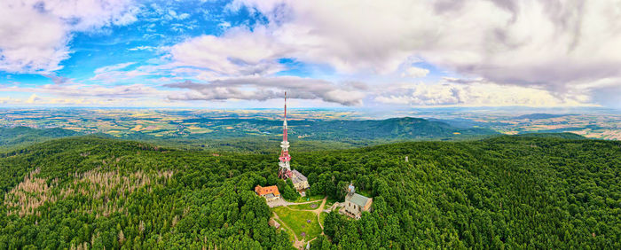 Sleza mountain landscape. aerial view of mountains with forest.