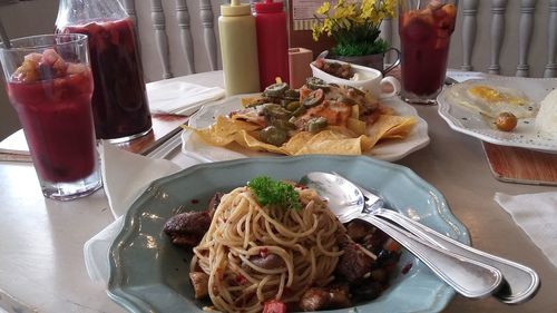 Close-up of meal served on table