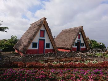 House amidst plants on field against sky