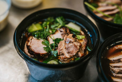 High angle view of food in bowl on table