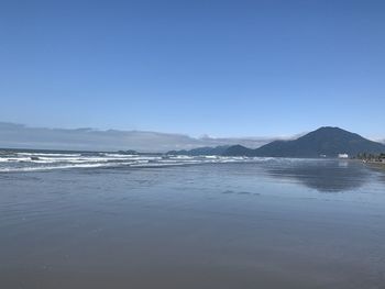 Scenic view of sea against clear blue sky