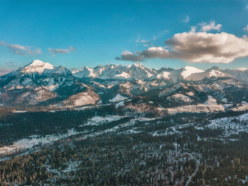 Aerial view of snowcapped mountains against sky