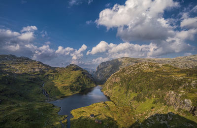 Scenic view of lake and mountains against sky