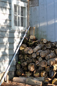 High angle view of wood by window on building